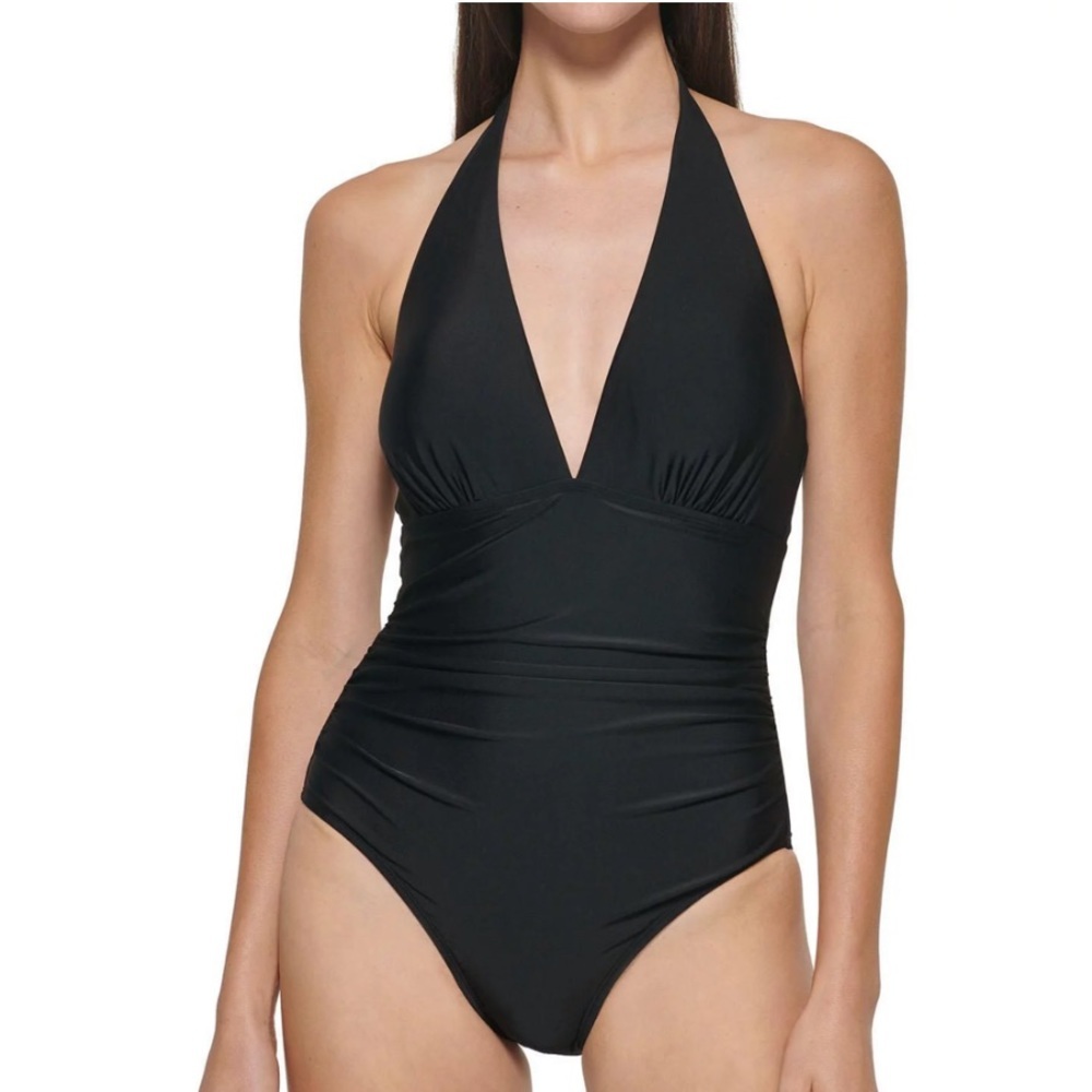 DKNY Women's One Piece Tummy Control Halter Neckline Swimsuit